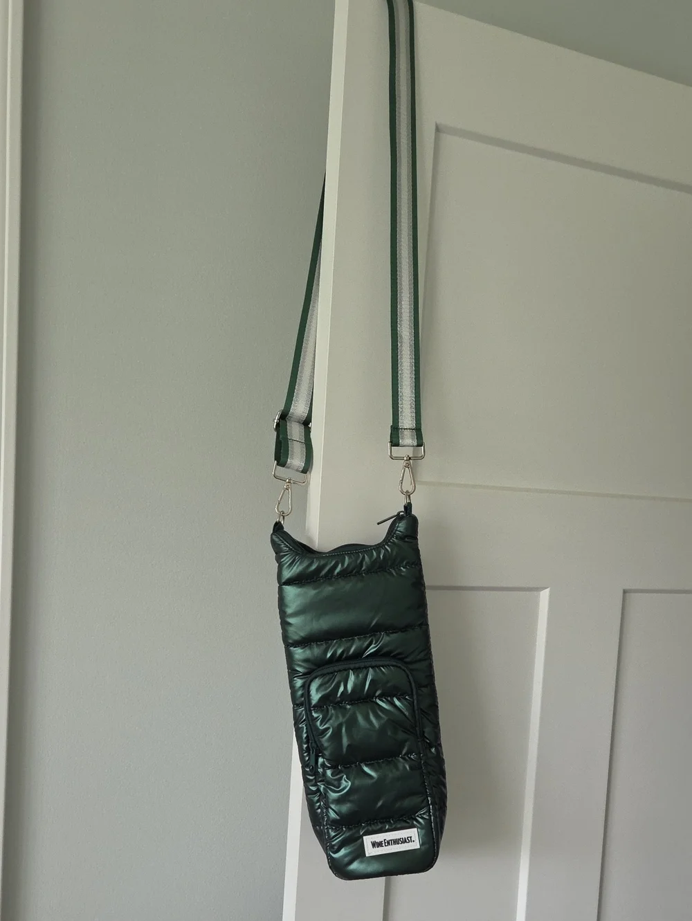 Wine Enthusiast Quilted Crossbody Bag in Dark Green with Striped Strap